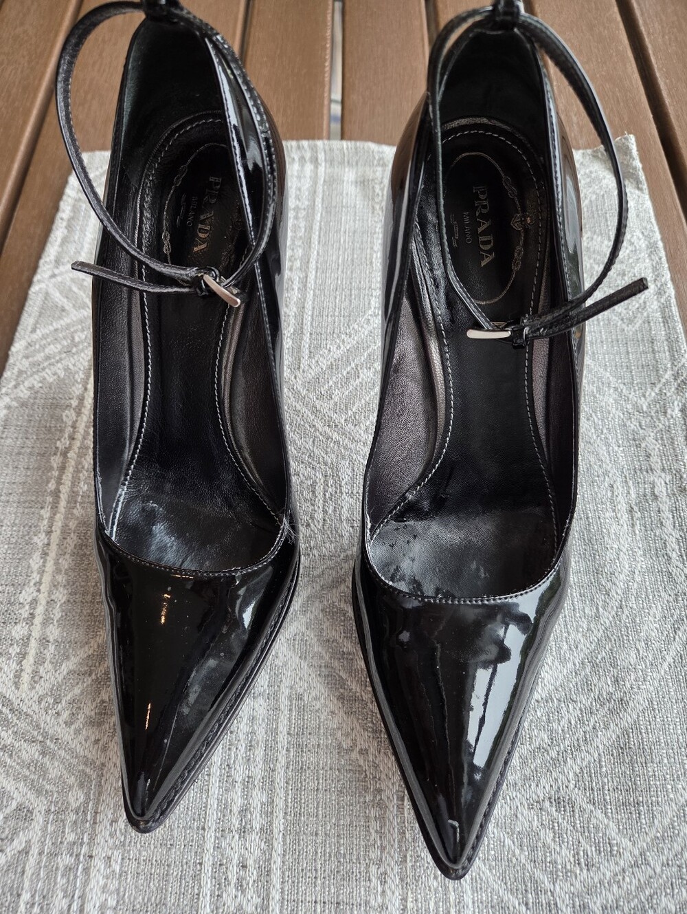 Prada Black Patent Leather Pointed-Toe Ankle-Strap Pumps - Picture 2 of 14